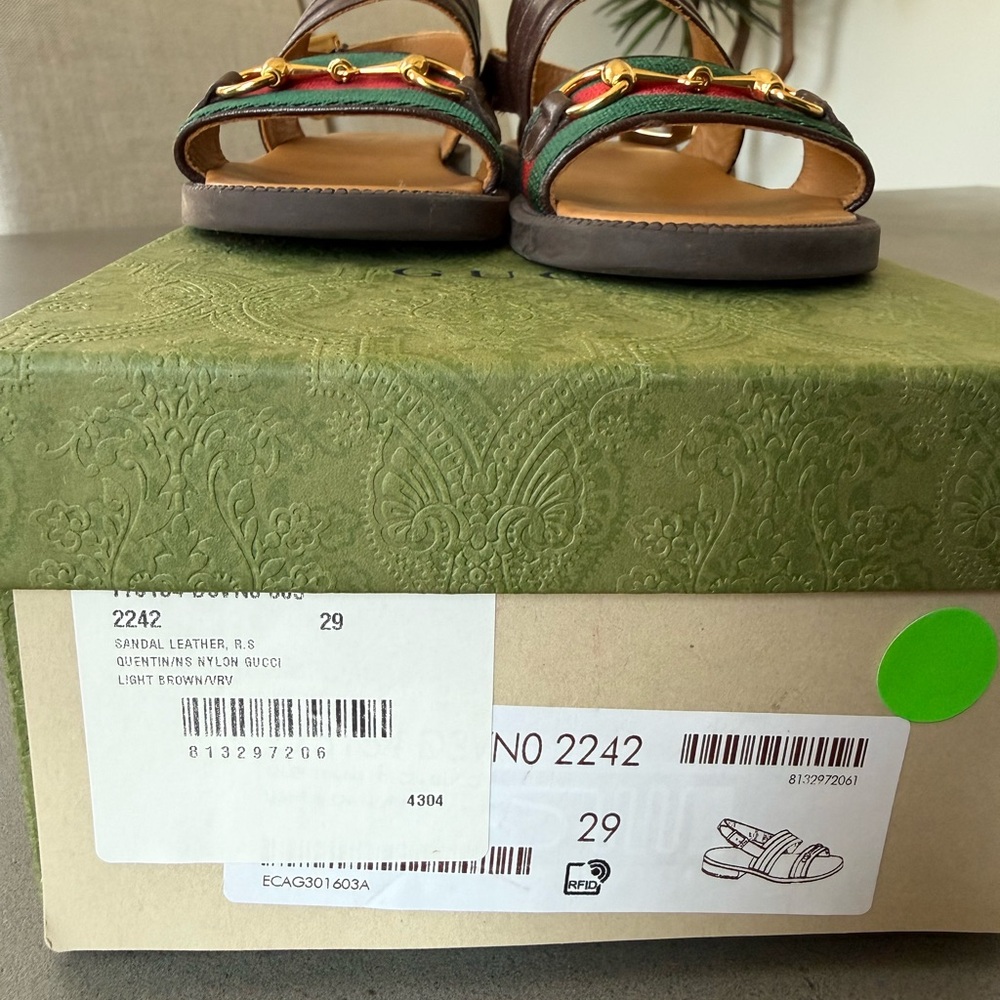 Kids Brown Leather Sandals with Green & Red Accent - Picture 2 of 10